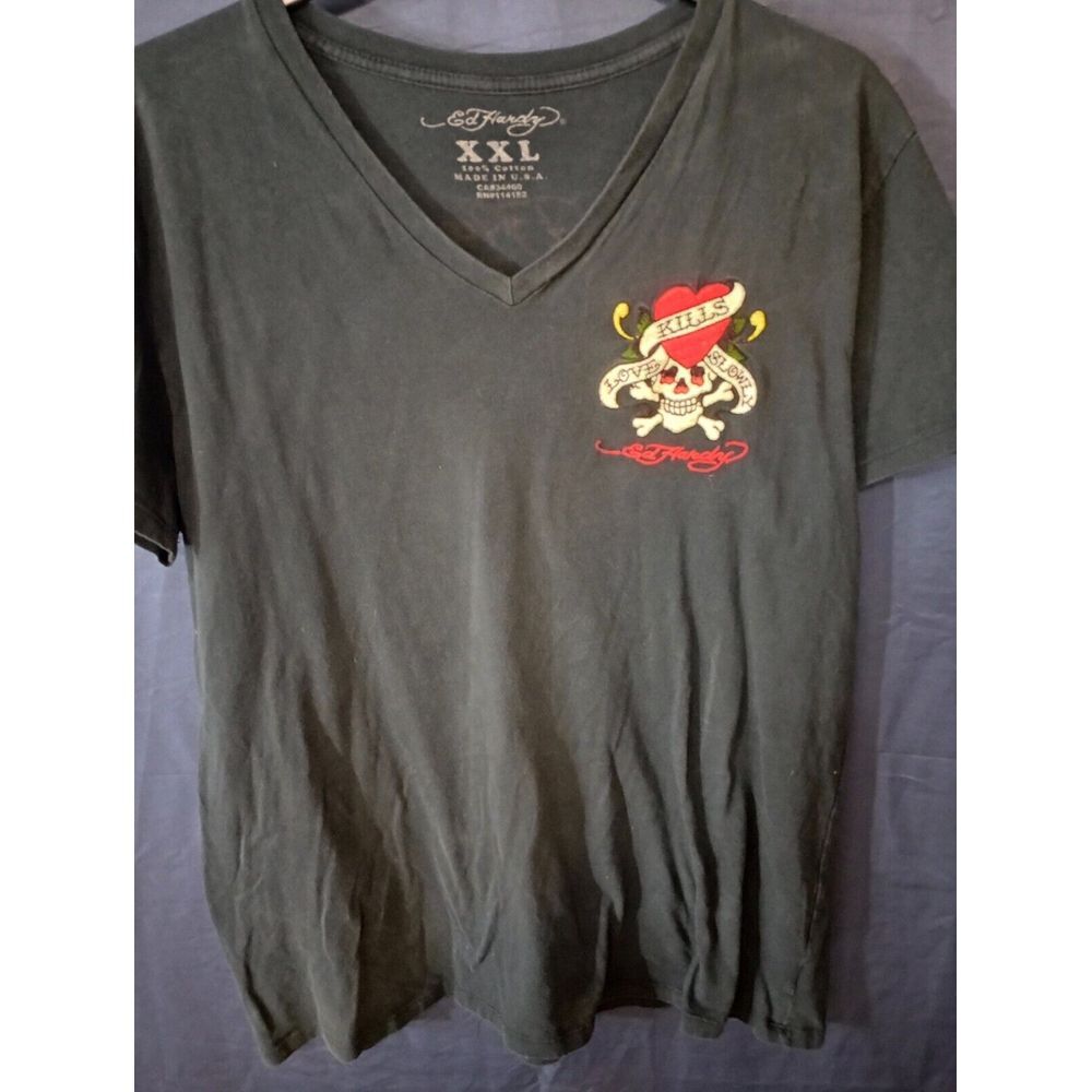 Vtg Y2K Ed Hardy Men XXL Slim Fit Spell Out Tattoo Skull Double Sided T-Shirt